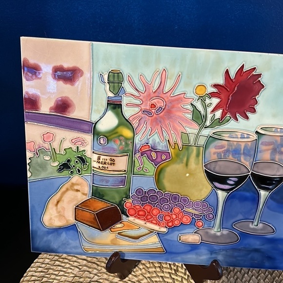 Vintage Hand Painted Wine & Cheese Themed Ceramic Home Decor Wall Hanging - Picture 2 of 4